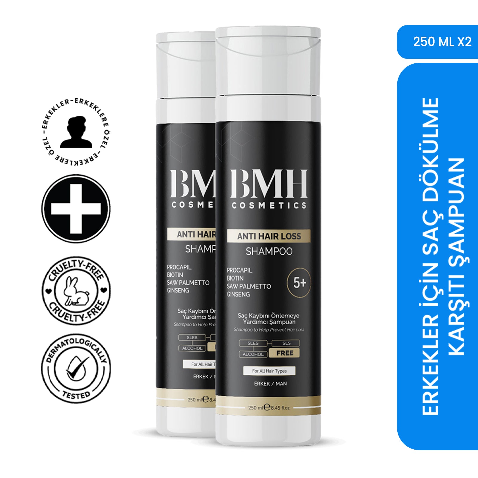 BMH5+ Erkek Saç Dökülme Karşıtı | Biotin | Keratin | Procapil | Saw Palmetto | Ginseng | Şampuan X 2 Adet