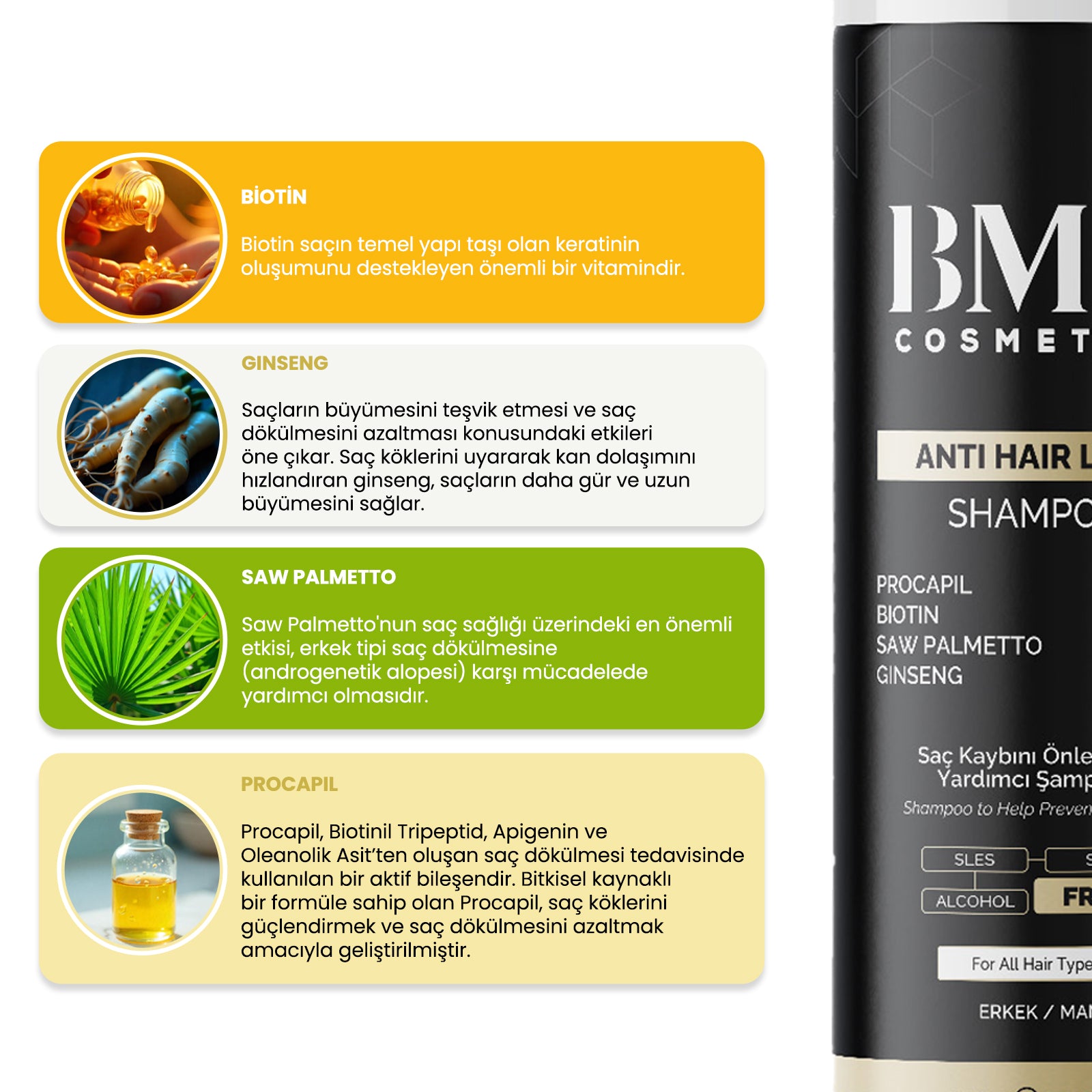 BMH5+ Erkek Saç Dökülme Karşıtı | Biotin | Keratin | Procapil | Saw Palmetto | Ginseng | Şampuan X 2 Adet